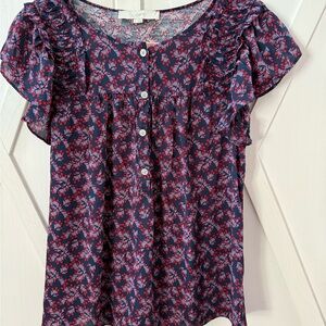 LOFT Floral Ruffle Sleeve Blouse - Navy and Pink